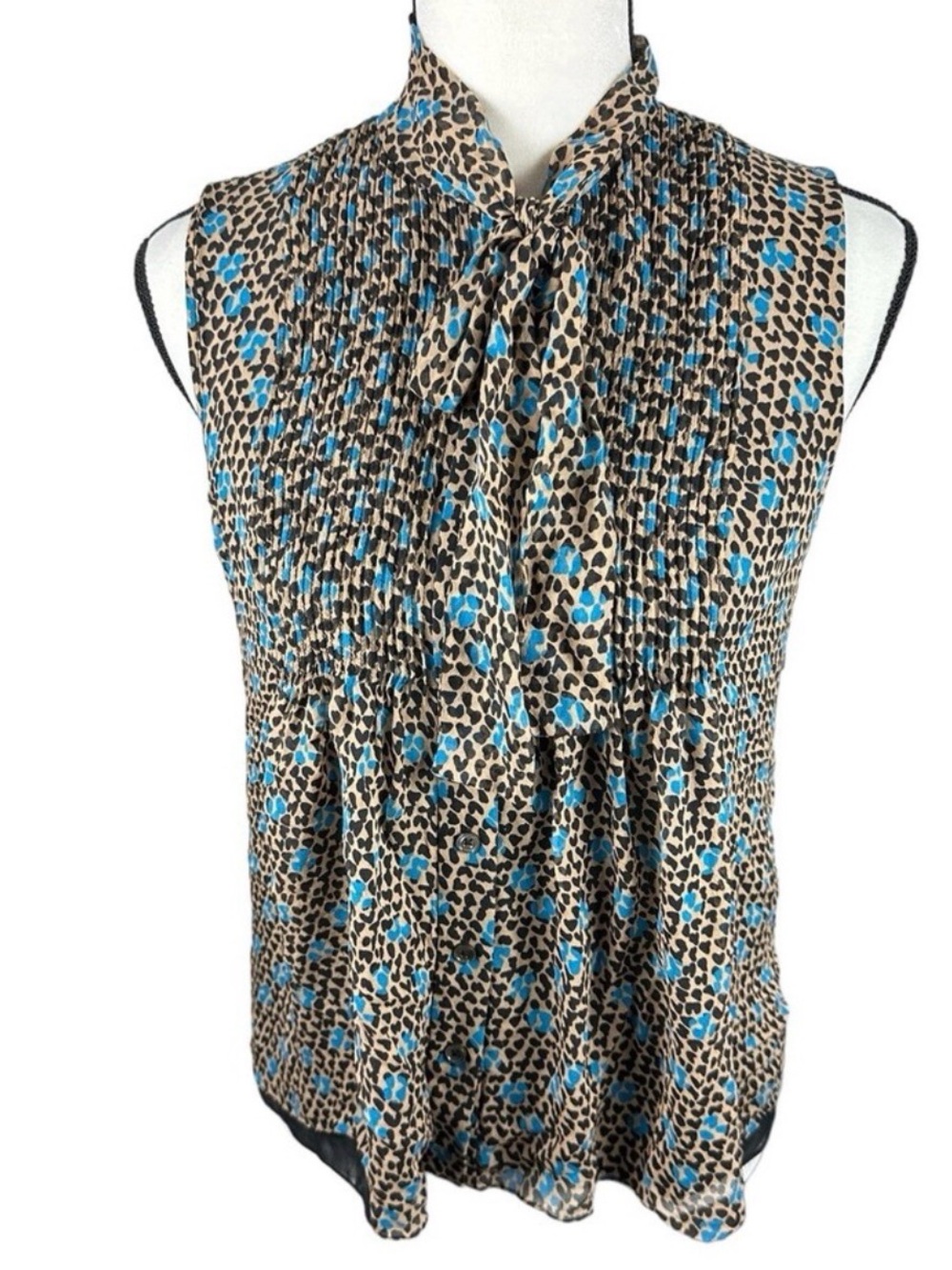Sleeveless Animal Print Tie-Neck Top in Tan and Blue